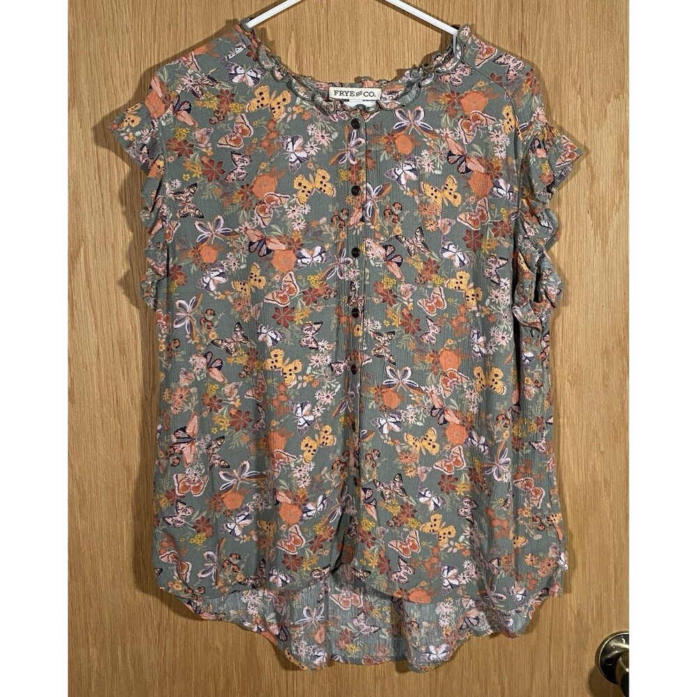 Frye & Co Women's Sz L Top Butterfly Print Flutter Sleeve Button Front Boho Boxy
